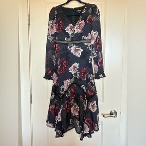 Ever New Melbourne Floral Long Sleeve Embellished Trim Midi Dress Size 2